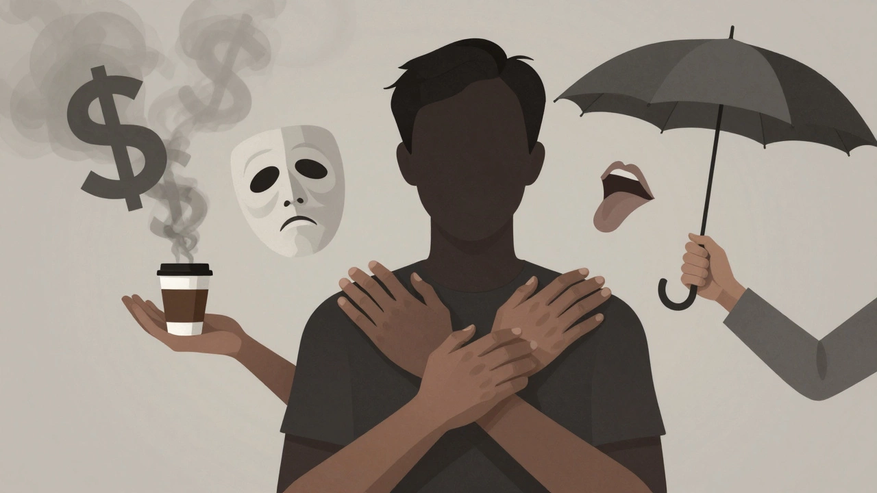 A human figure formed by supportive hands, with harmful stereotypes fading away behind them.