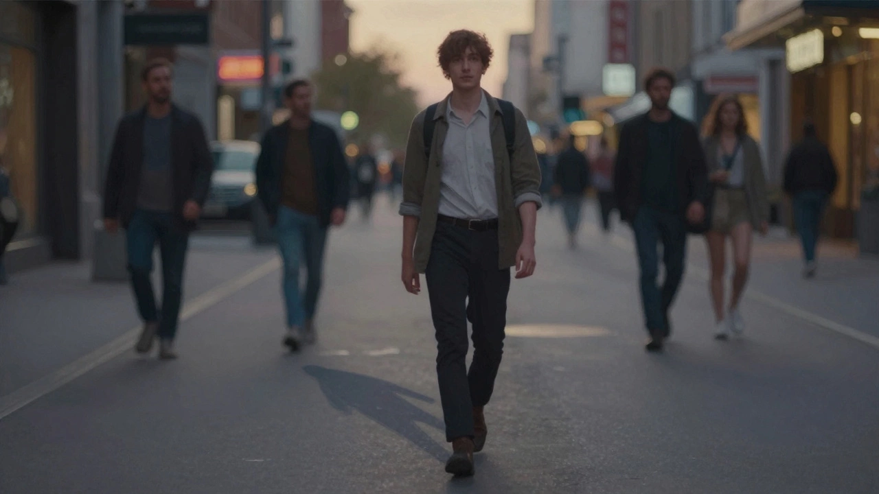 A person walking confidently down a city street at dusk, unbothered by judging glances.