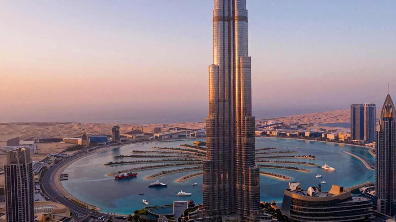 Dubai skyline at sunset featuring Burj Khalifa and Palm Jumeirah island reflecting golden hues.