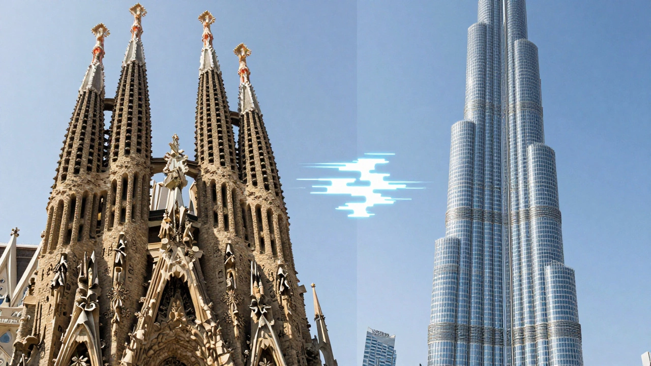 Split image contrasting Barcelona&#039;s Sagrada Familia with Dubai&#039;s modern skyline and a digital error symbol.